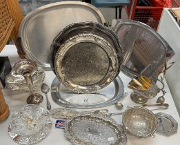 A quantity of metalware, mainly silver including plates, trays, utensils, vase etc