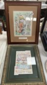 2 Framed & glazed colour comical cat drawings (Largest 42cm x 53cm)