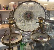 A dressing table lace & embroidered floral pattern tray & 2 matching candlestick holders