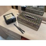 A musical jewellery box, ornate tissue box cover and pair of glove stretchers