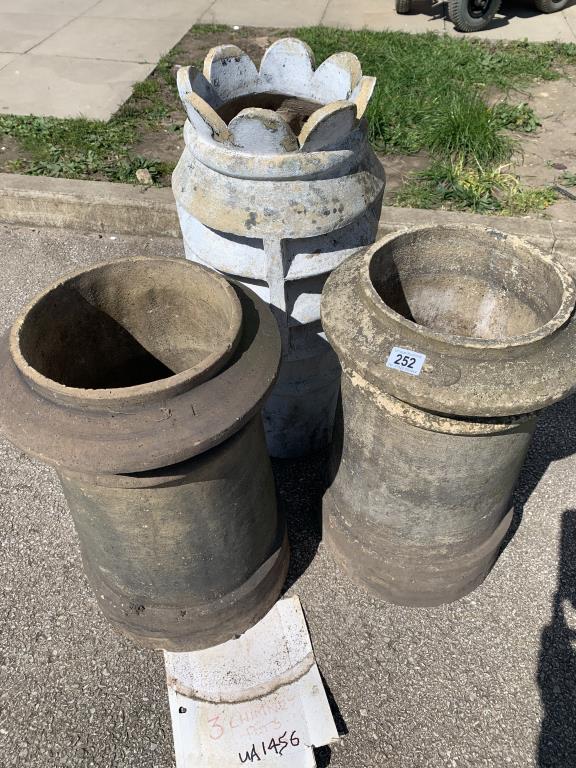 A pair of large chimney pots & 1 large crown chimney pot