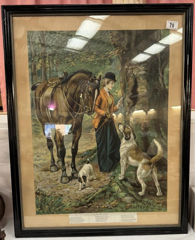 An antique glazed & framed picture of lady & horse titled 'At The Tryst' Poem included at base. 60 x