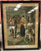 An antique glazed & framed picture of lady & horse titled 'At The Tryst' Poem included at base. 60 x
