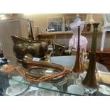 3 copper hunting horns, brass coal scuttle and handsome cab and horse, (horse is a/f)