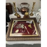 A quantity of brass, copper & silver plate & A display box with glass frame (No hinges)