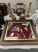 A quantity of brass, copper & silver plate & A display box with glass frame (No hinges)