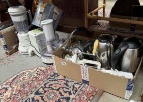 A mixed lot of kitchen items including A Braun mixer, Phillips blender, kettles, scales etc