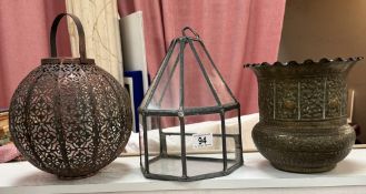 A metal lantern, RepoussÃ© brass vase & A wall mounted terrarium