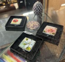 3 Floral pill boxes, A compact & An egg-shaped trinket box etc