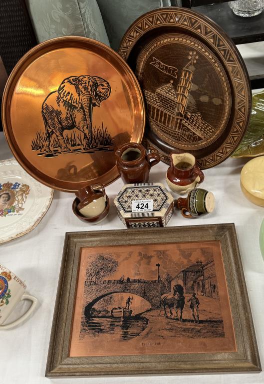 A mixed lot including copper tray with elephant, inlaid wooden box etc