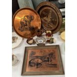 A mixed lot including copper tray with elephant, inlaid wooden box etc