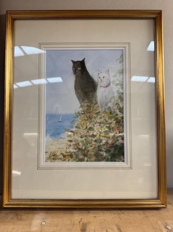 2 Framed & glazed watercolour cat pictures. Largest picture 49cm x 62cm. Both signed, one indistinct - Image 3 of 3