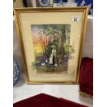 A framed & glazed colourful picture of girl & geese titled 'A Private Moment' by Glenda Rae. (