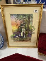 A framed & glazed colourful picture of girl & geese titled 'A Private Moment' by Glenda Rae. (
