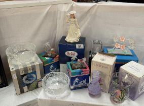 A quantity of boxed items including handmade glass humming birds, Caithness vase etc