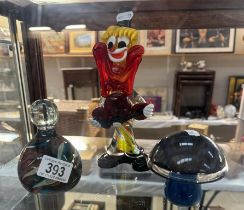 A glass clown, A wedgwood glass mushroom & Multi colour glass paperweights