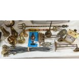 A quantity of brass & metalware including ornaments, clock, an imp toasting fork etc