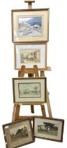 5 Watercolours depicting building, Centre picture of thatched barn A/F