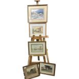 5 Watercolours depicting building, Centre picture of thatched barn A/F