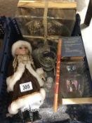 A box old miscellaneous including doll, glass bell