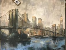 Art on canvas depicting city view with bridge