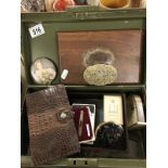 A quantity of miscellaneous us items including Playing cards, wallet and wooden box