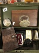 A quantity of miscellaneous us items including Playing cards, wallet and wooden box