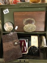 A quantity of miscellaneous us items including Playing cards, wallet and wooden box