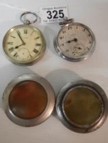 Two old gent;'s pocket watches (working but need attention) together with two pocket watch cases.