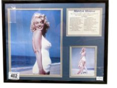 A Framed collection of Marilyn Monroe pictures & info on filmography 28 x 36cm