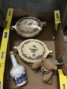 Box with miscellaneous items including tureens, teddy etc