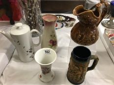 Five ceramic items including coffee pot, jug and vase
