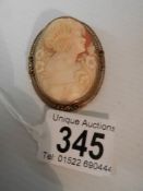 A female profile cameo brooch in a yellow metal mount.