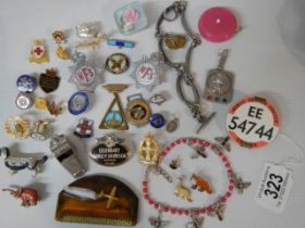 A mixed lot of badges, whistles, brooches etc., (approximately 40 pieces)