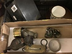 A collection of miscellaneous items including a Victorian cast iron money box AF