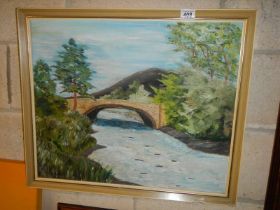An oil on canvas rural scene with bridge, signed W A Rogers '74. COLLECT ONLY.