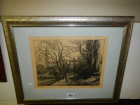 A framed and glazed engraving street scene, signed but indistinct, COLLECT ONLY.