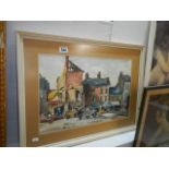 A framed and glazed water-colour street scene signed D Bosher R I. COLLECT ONLY.