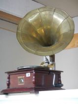 A horn gramophone with brass horn, in working order, COLLECT ONLY.