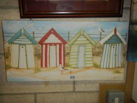 An oil on canvas featuring beach huts, signed Janice McGlaine. COLLECT ONLY.
