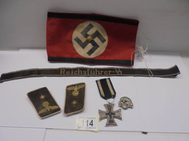 German badges and bands including Iron Cross 2nd class, SS armband, SS skull pin etc.,