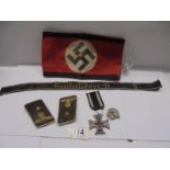 German badges and bands including Iron Cross 2nd class, SS armband, SS skull pin etc.,