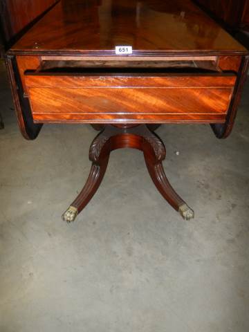 A Victorian single pedestal mahogany Pembroke table with one drawer and brass castors, COLLECT ONLY. - Image 3 of 4