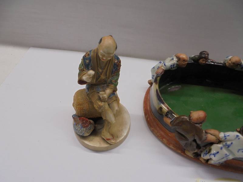 A Japanese hand formed clay bowl with figures and two other figures (one a/f). - Image 4 of 5