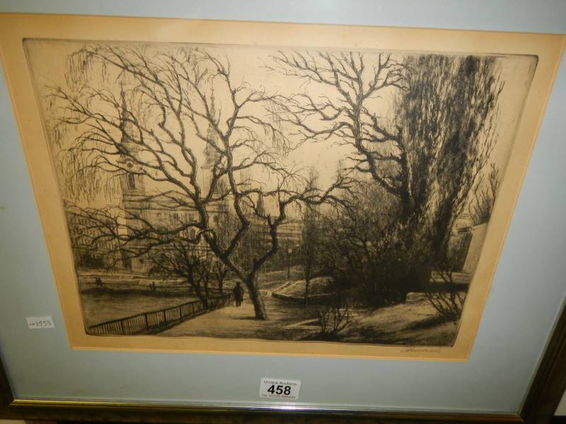 A framed and glazed engraving street scene, signed but indistinct, COLLECT ONLY. - Image 2 of 3