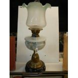A Victorian oil lamp with painted glass font and later shade, COLLECT ONLY.