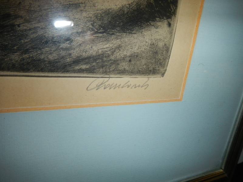 A framed and glazed engraving street scene, signed but indistinct, COLLECT ONLY. - Image 3 of 3