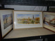Three good framed and glazed prints featuring churches. COLLECT ONLY.