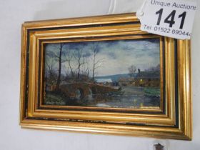 A Robert Hughes miniature oil painting 'Moonlight on the River'.
