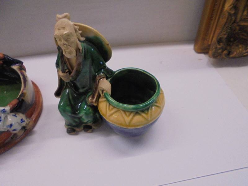 A Japanese hand formed clay bowl with figures and two other figures (one a/f). - Image 3 of 5